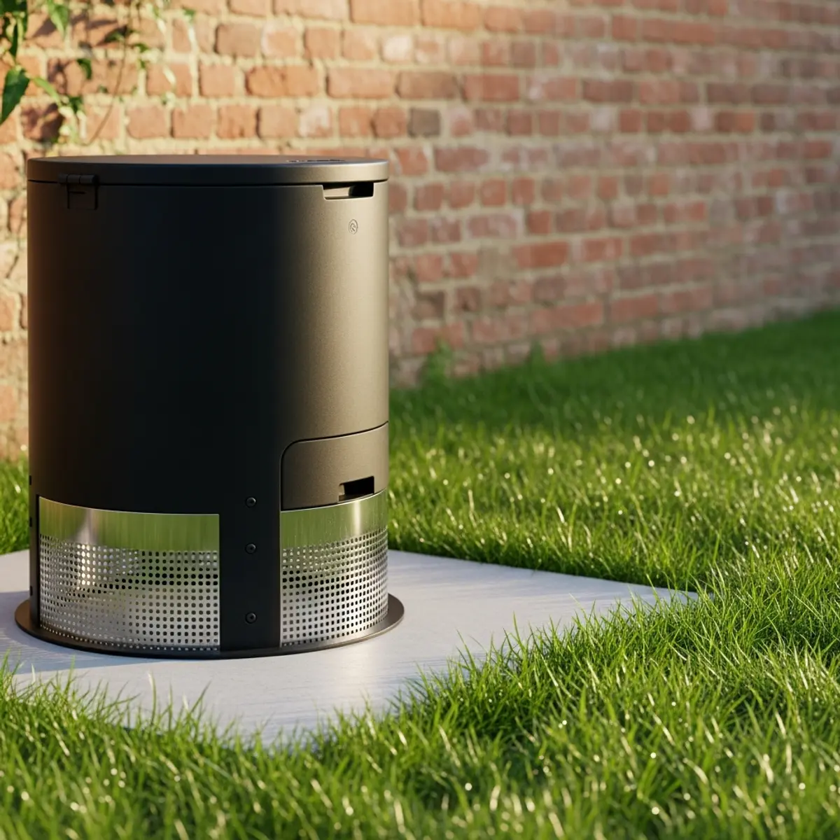 Composteur anti-rongeur avec grille inox 6mm posé sur dalle béton à 30 cm d'un mur de briques