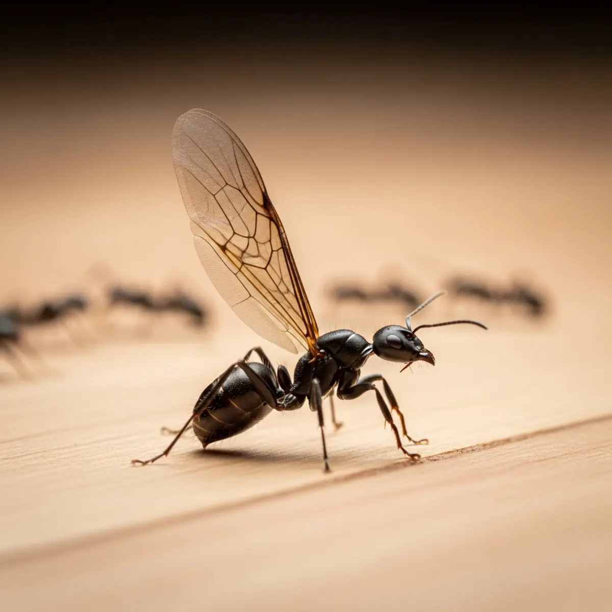 Macro d'une fourmi ailée Lasius niger sur un parquet, ailes translucides visibles