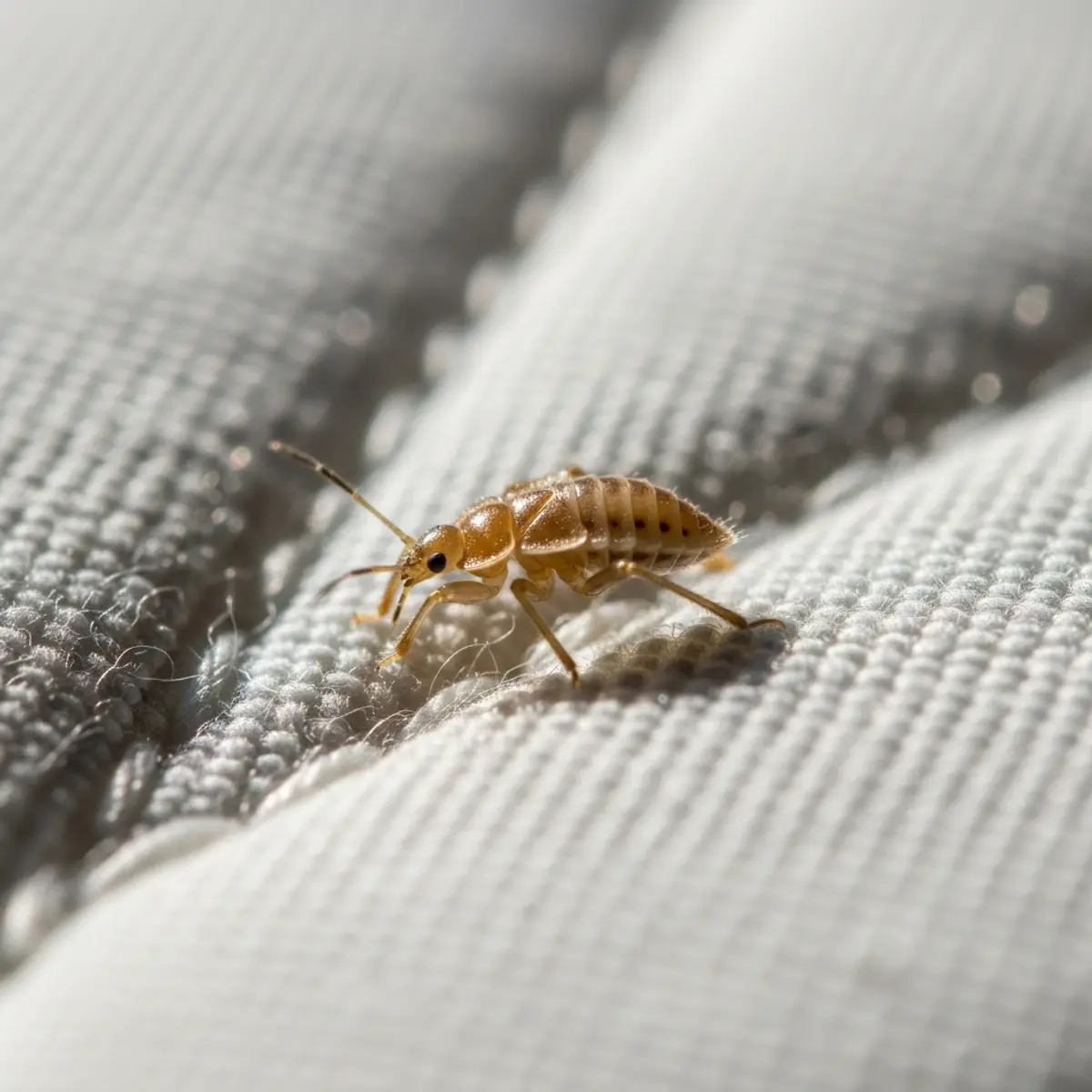 Larve translucide de punaise de lit en gros plan sur une couture de matelas