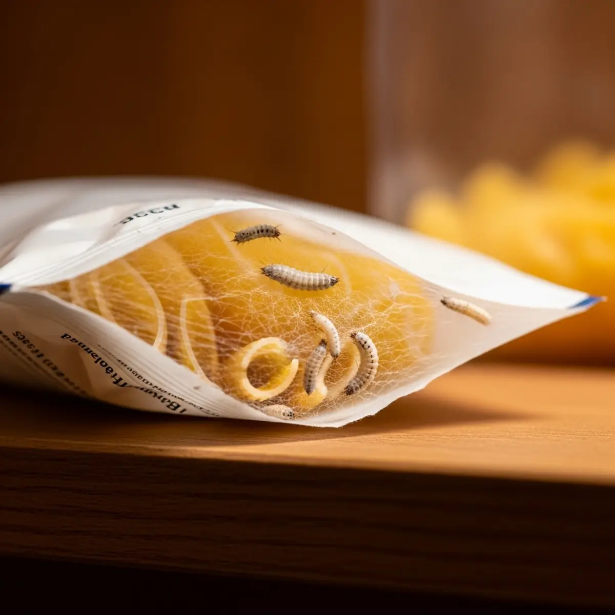 Larves de mite alimentaire et fils soyeux blancs dans un paquet de pates ouvert