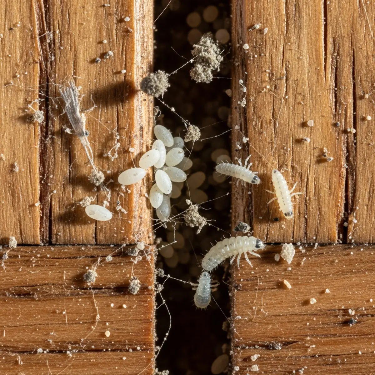 Larves et oeufs de puces entre les lames d'un parquet en bois - stades immatures visibles dans les interstices