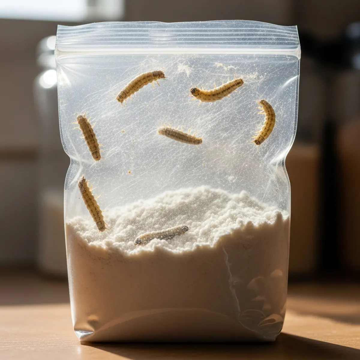 Paquet de farine et de riz scellé avec larves et fils de soie de mite alimentaire Plodia interpunctella visibles à l'intérieur