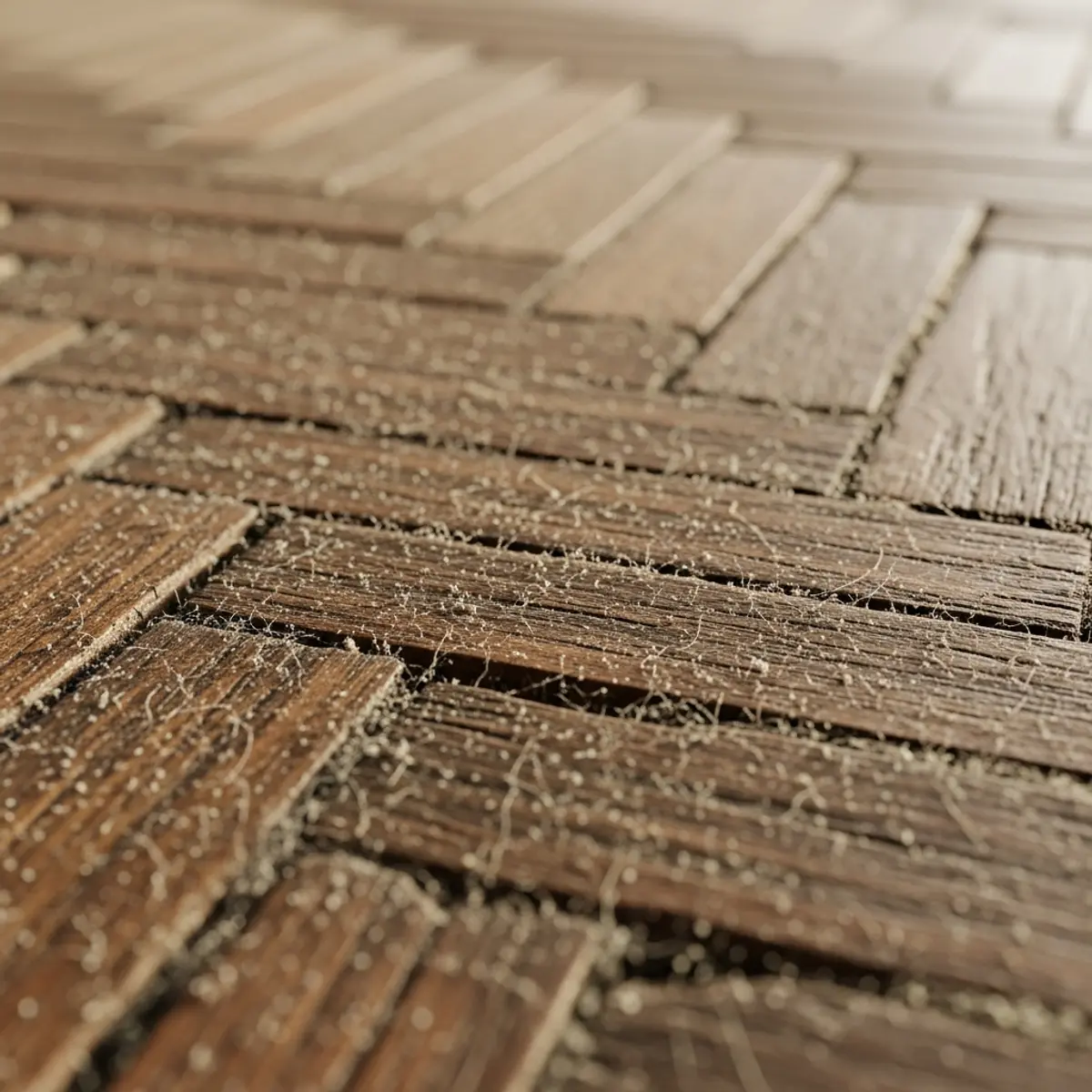 Parquet vide avec larves et traces d'infestation de puces dans les interstices