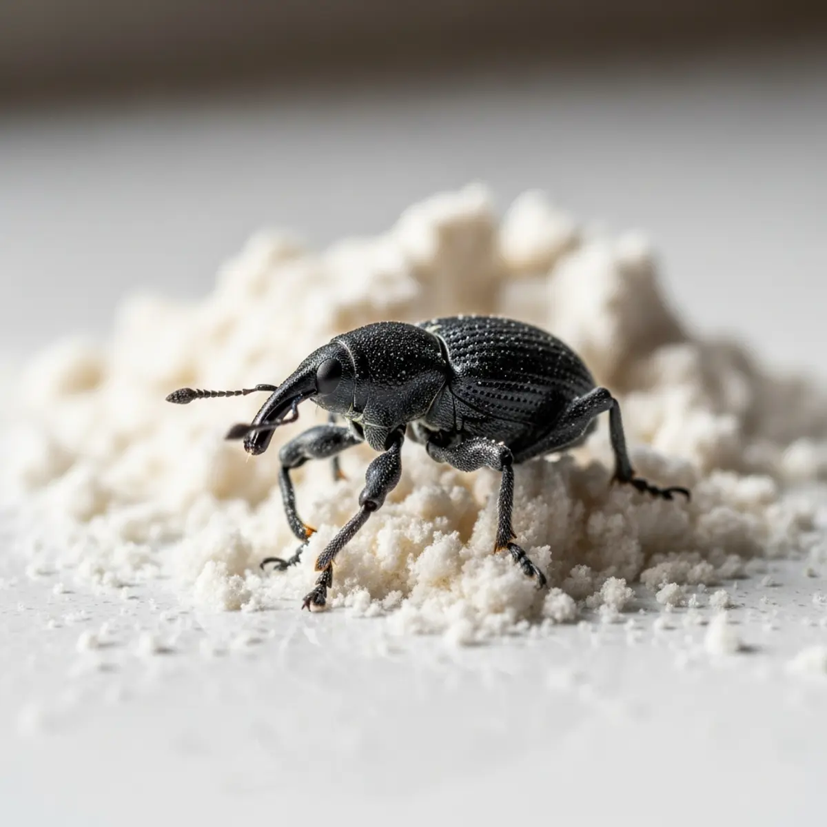 Charançon noir sur de la farine renversée, macro entomologique