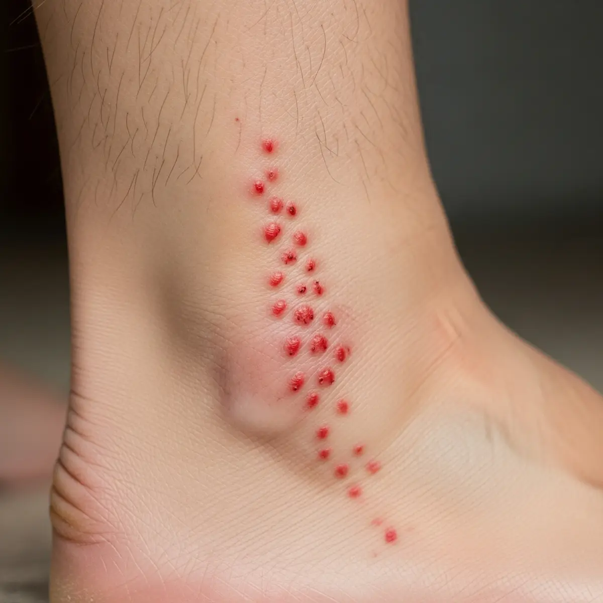 Piqûres de puces caractéristiques aux chevilles - boutons rouges groupés avec point central visible