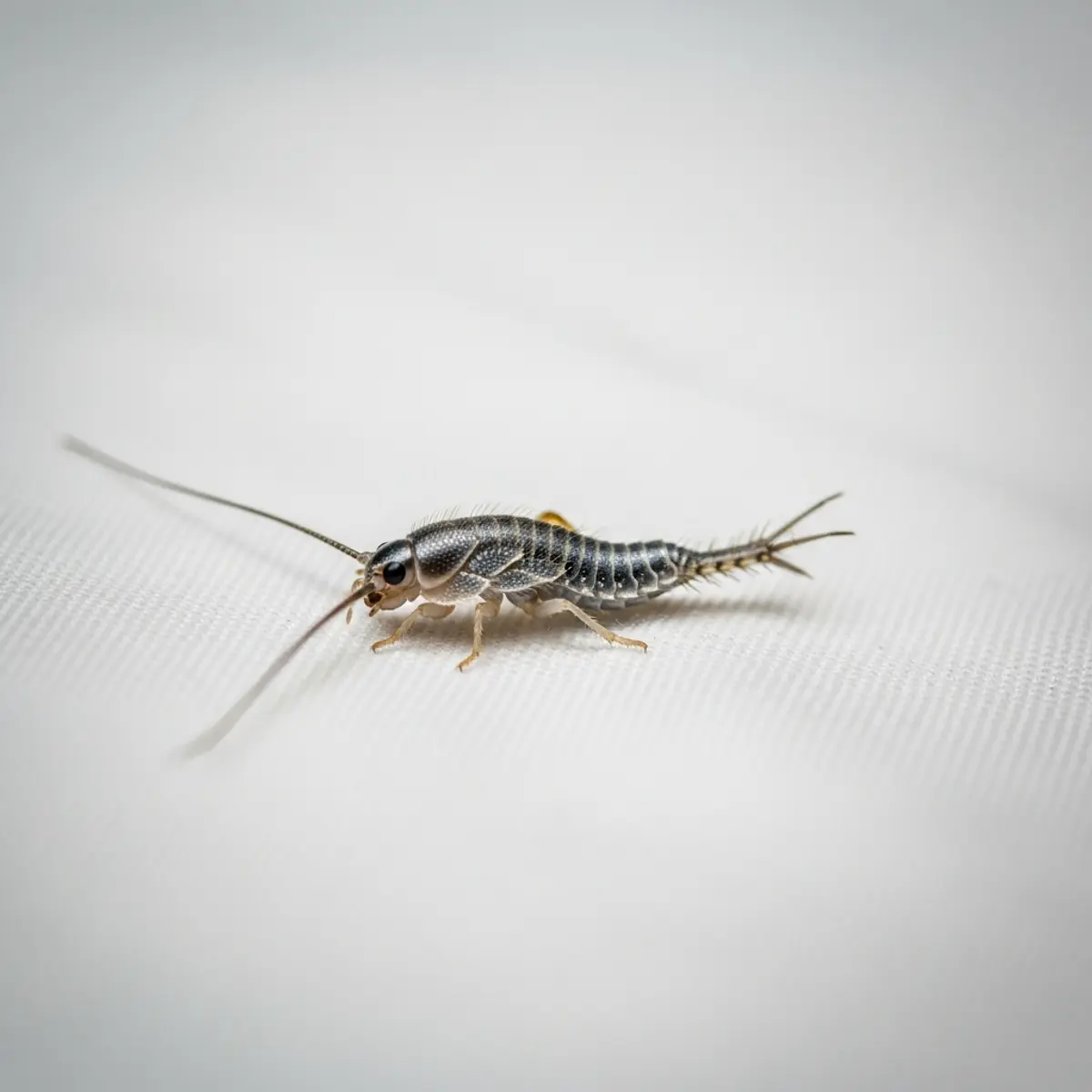 Poisson d'argent (Lepisma saccharina) sur drap blanc, écailles argentées et trois cerques visibles
