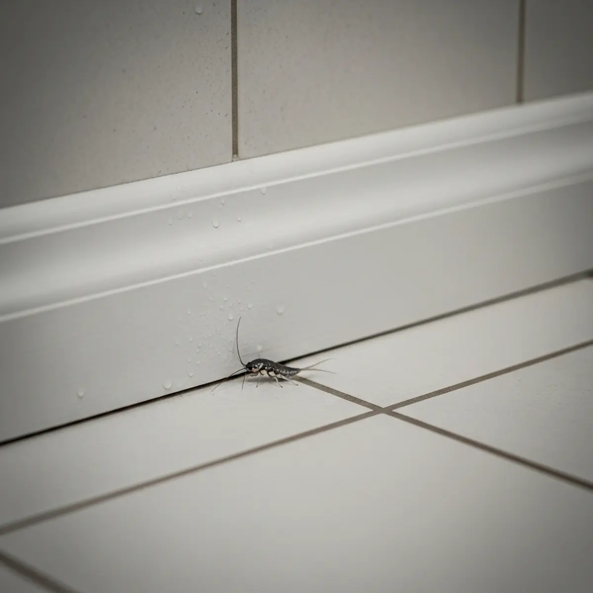 Poisson d'argent dans un environnement humide de salle de bain, près de joints de carrelage