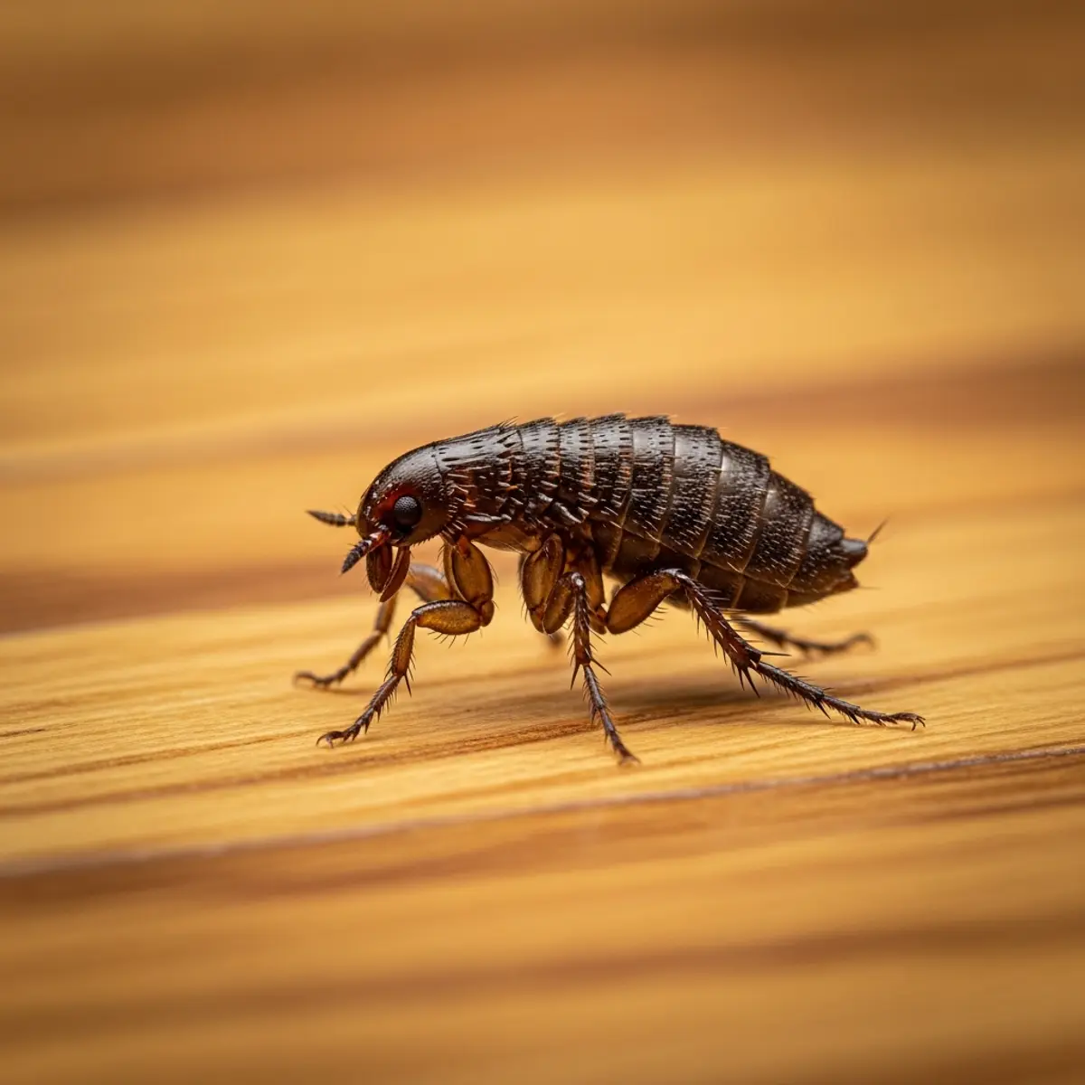 Puce de parquet vue en macro - insecte brun aplati d'environ 2 mm sur une lame de parquet en bois