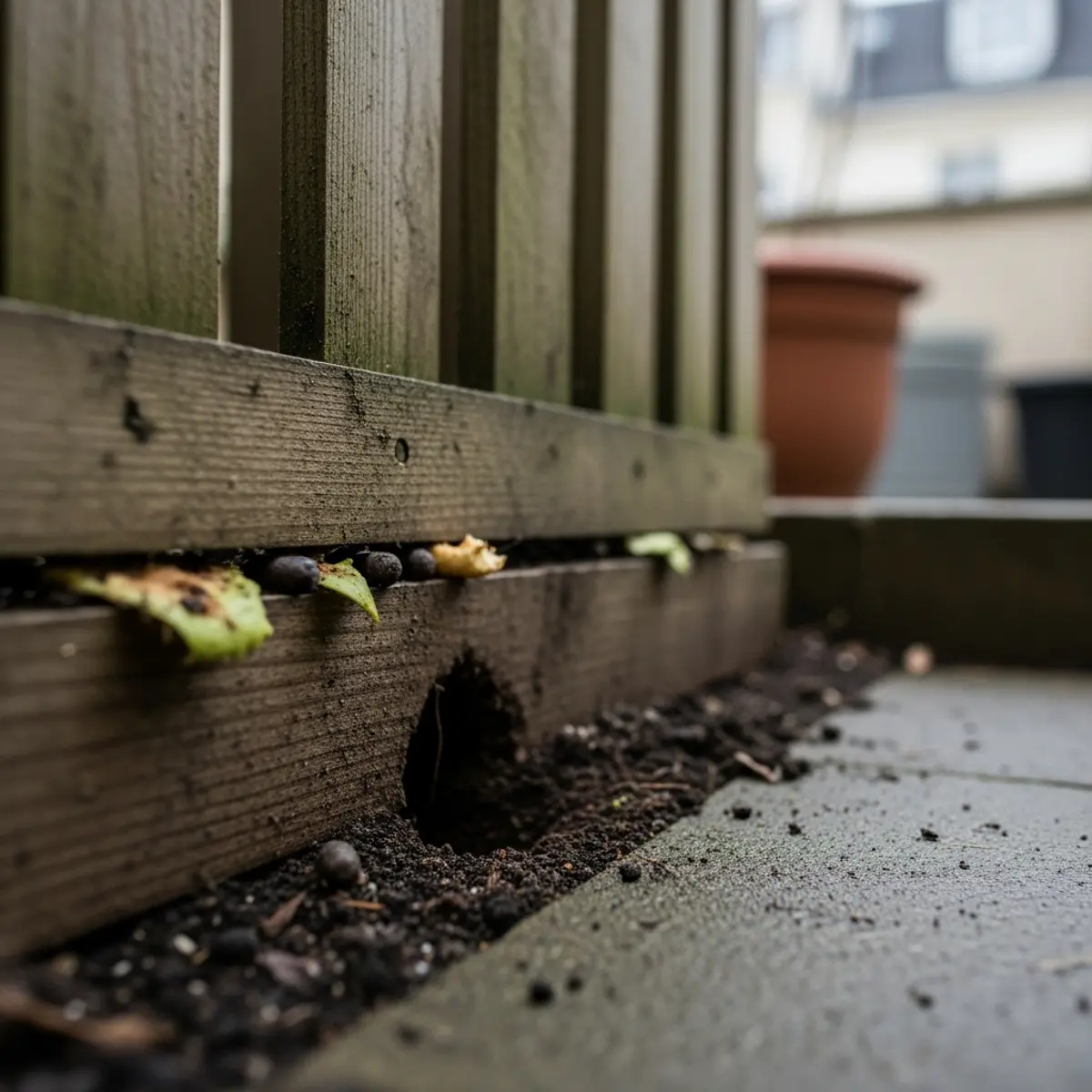 Traces de rat à la base d'un bac à compost en bois dans un jardin de région parisienne au printemps