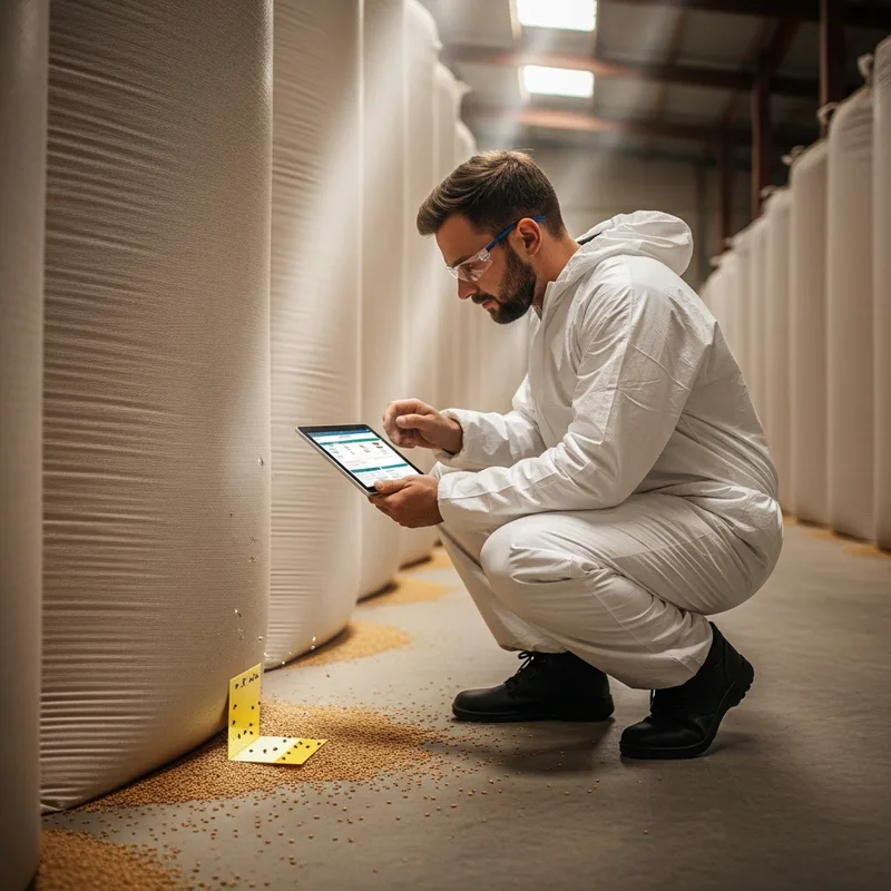 Technicien anti-nuisibles en combinaison réalisant un audit avec une tablette