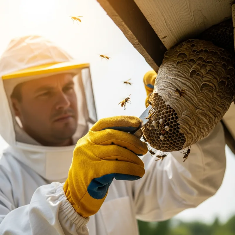 Technicien Allo Nuisible Express traitant un nid de guêpes