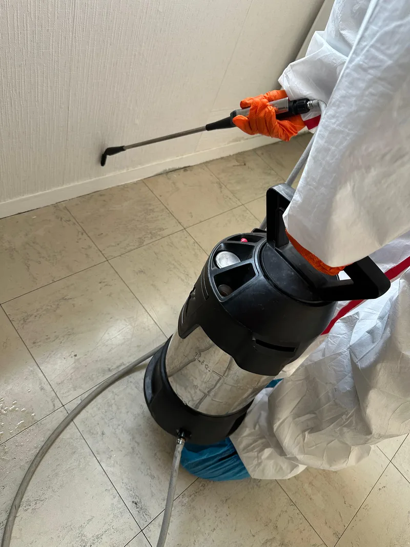 Technicien en combinaison effectuant un traitement par pulvérisation en intérieur