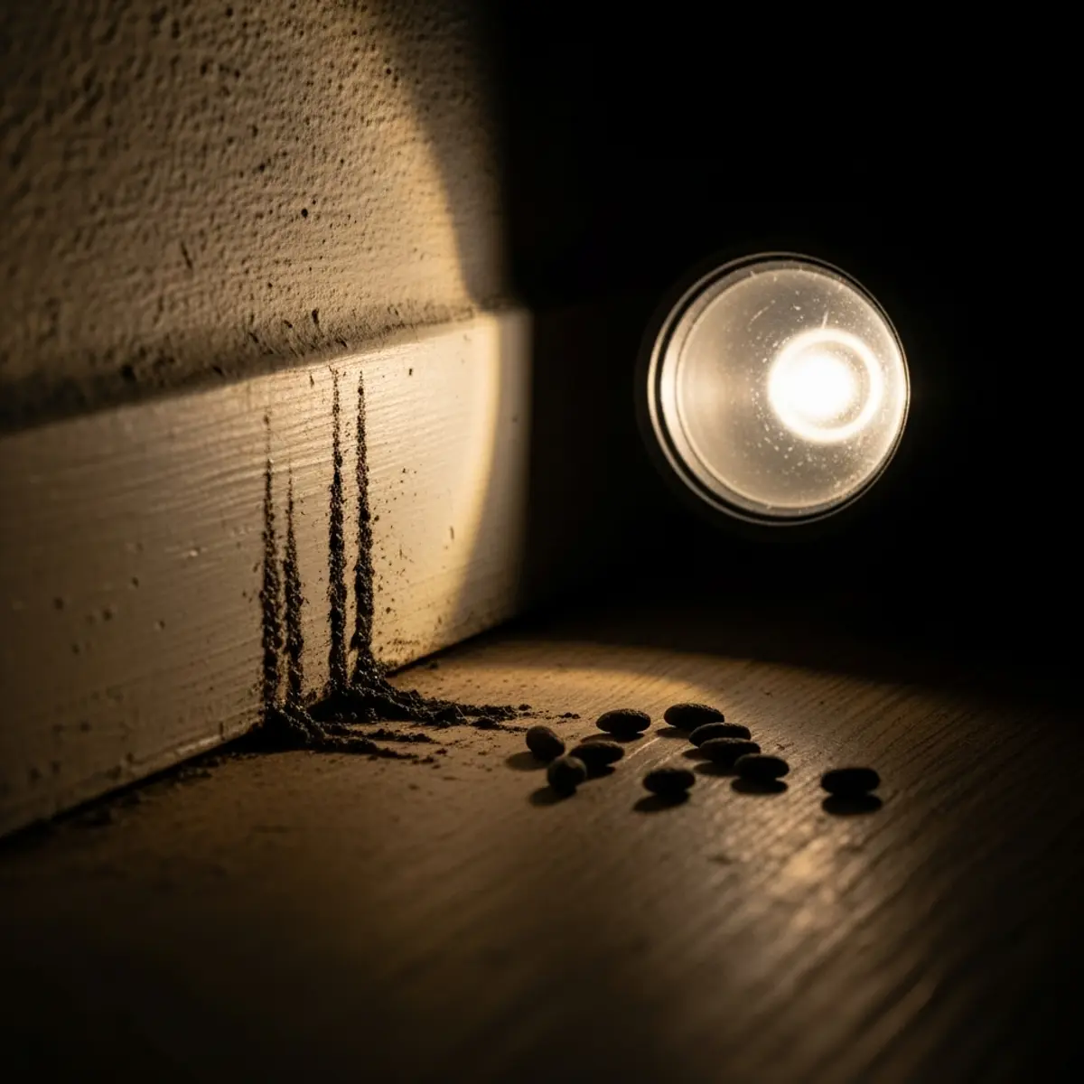 Traces de rongeurs sur un mur inspectées à la lampe torche