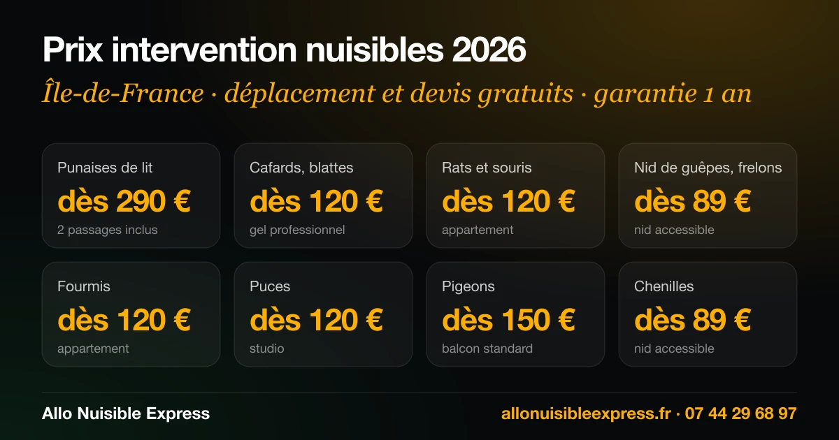 Grille des prix 2026 d’Allo Nuisible Express : punaises de lit dès 290 €, cafards dès 120 €, rats et souris dès 120 €, nid de guêpes dès 89 €, fourmis dès 120 €, puces dès 120 €, pigeons dès 150 €, chenilles dès 89 €