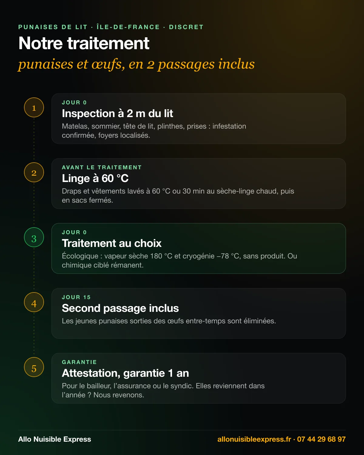 Infographie : traitement des punaises de lit en 5 temps, inspection, linge à 60 °C, traitement écologique ou chimique au choix, second passage inclus à 15 jours, attestation et garantie 1 an